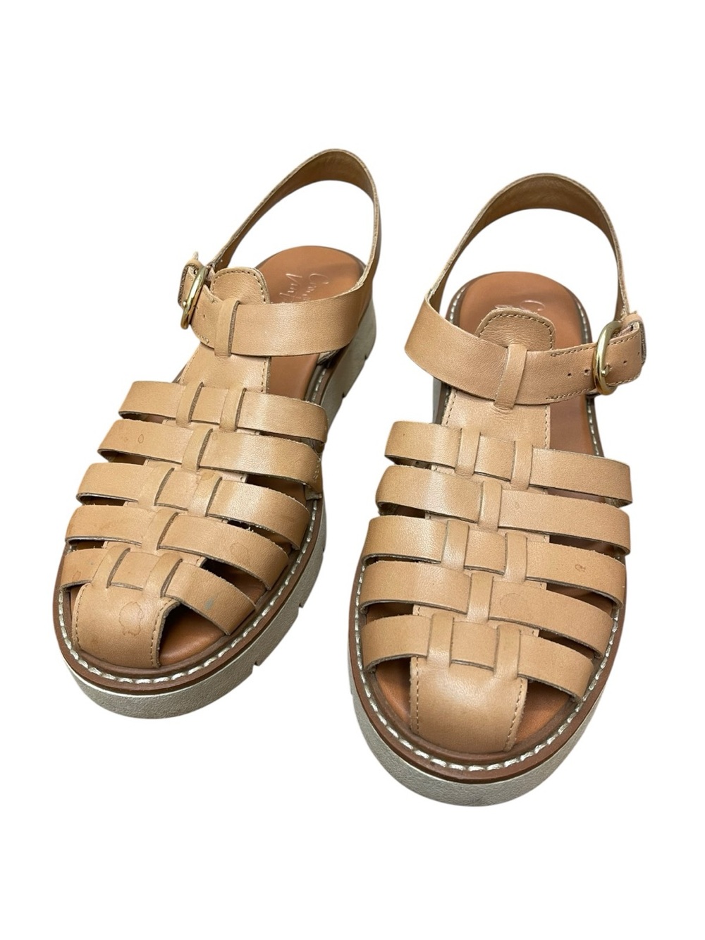 Crown Vintage Ava 8 Tan Leather Fisherman Platform Sandals Cage Lug Sole - Picture 6 of 6